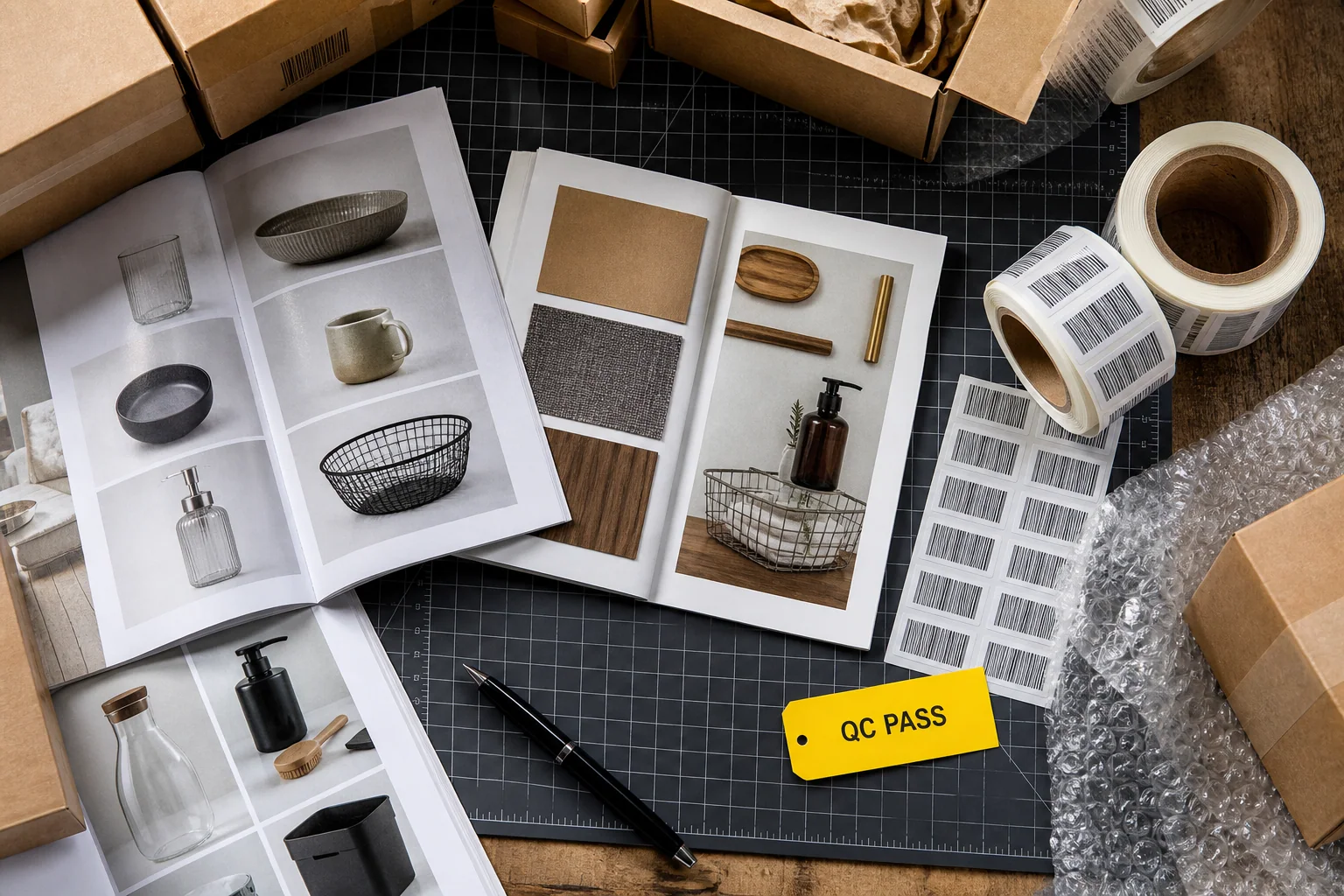 Product catalogues, barcode labels and shipping materials arranged on a wholesale research desk